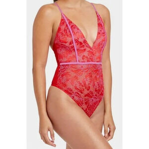 Auden Intimates Red Floral Plunge V-Neck Bodysuit Sleepwear Womans Size Medium